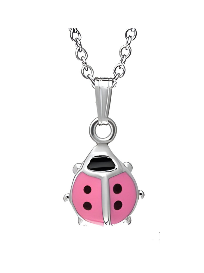 Girls Premium Sterling Silver Pink Ladybug Pendant Necklace