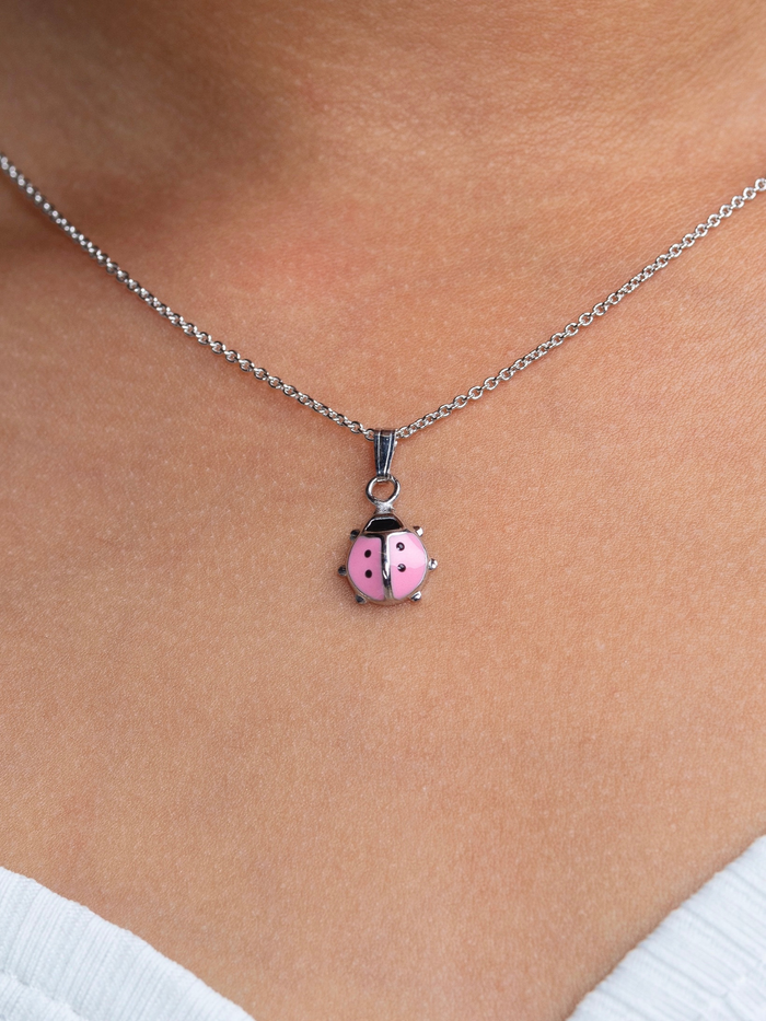 Girls Premium Sterling Silver Pink Ladybug Pendant Necklace