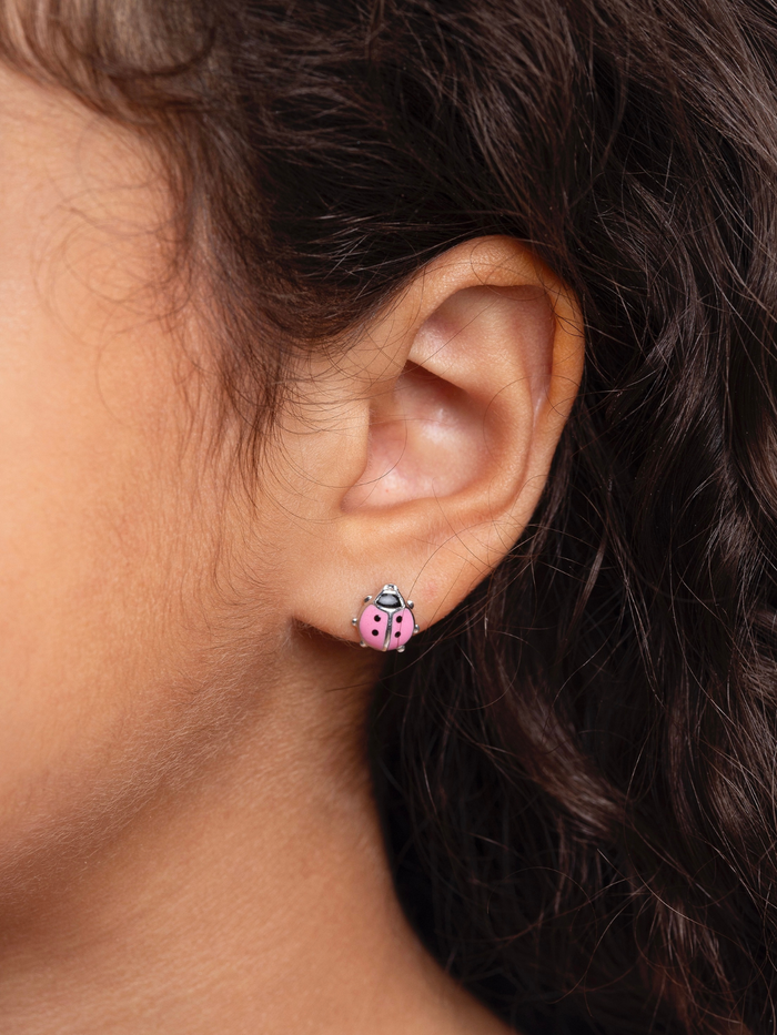 Girls Premium Sterling Silver Pink Ladybug Stud Earrings