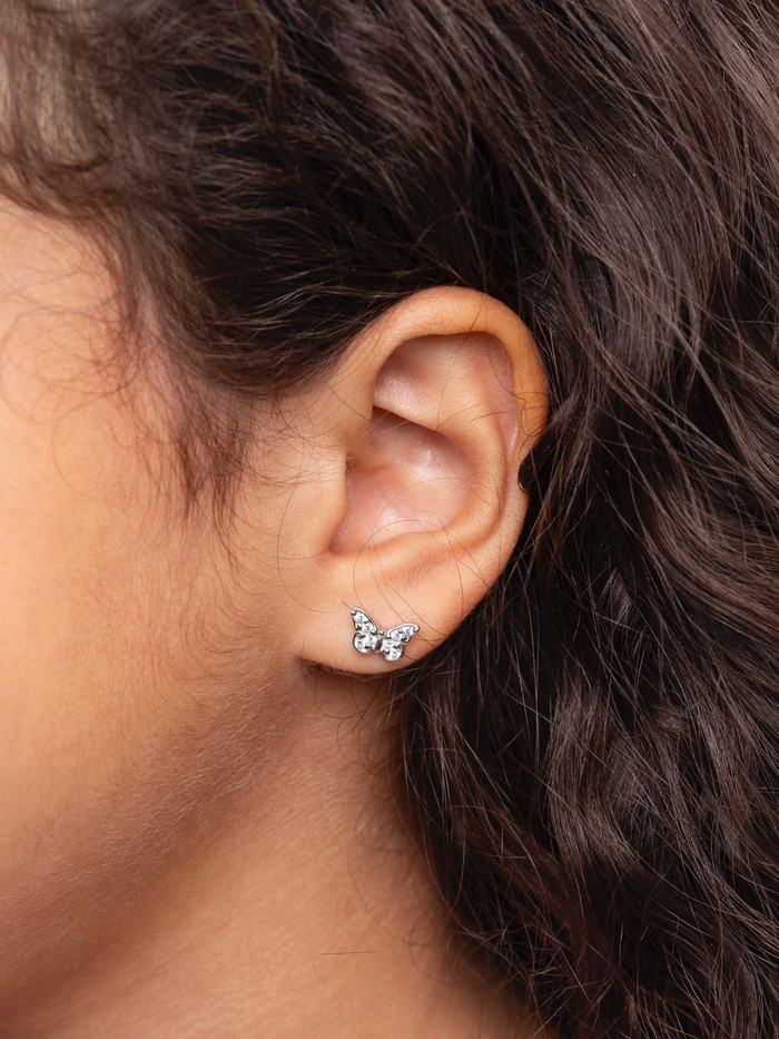 Girls Premium Sterling Silver White Gem Butterfly Stud Earrings