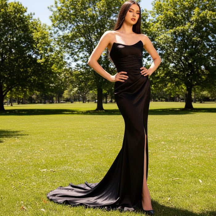 Glamorous Black Boat Mermaid Prom Dress with Leg Slit - Rosymae