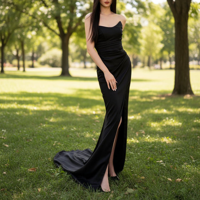 Glamorous Black Boat Mermaid Prom Dress with Leg Slit - Rosymae