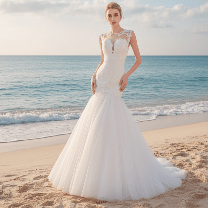 Glittery Cap Sleeve Trumpet Wedding Dress with Beaded Illusion Back - Rosymae