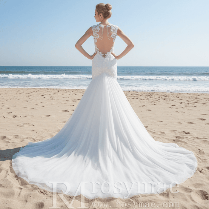 Glittery Cap Sleeve Trumpet Wedding Dress with Beaded Illusion Back - Rosymae