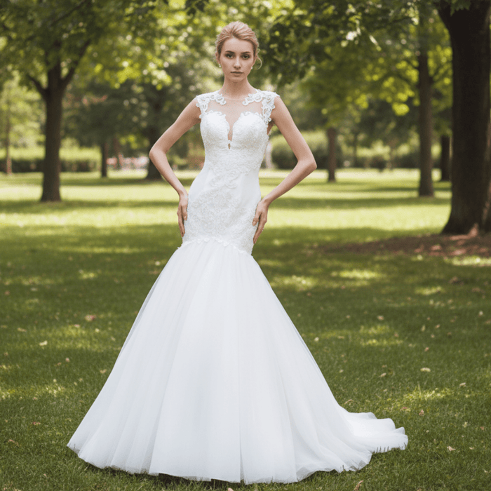 Glittery Cap Sleeve Trumpet Wedding Dress with Beaded Illusion Back - Rosymae