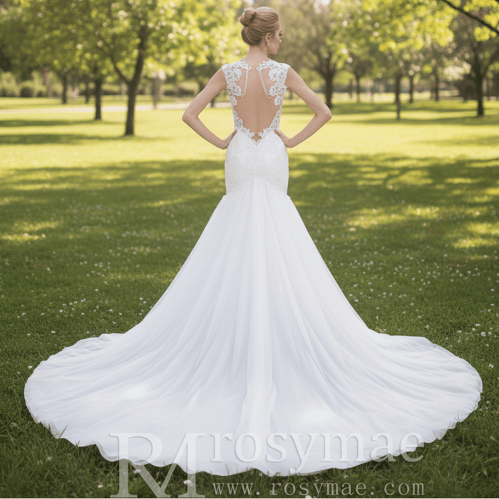 Glittery Cap Sleeve Trumpet Wedding Dress with Beaded Illusion Back - Rosymae