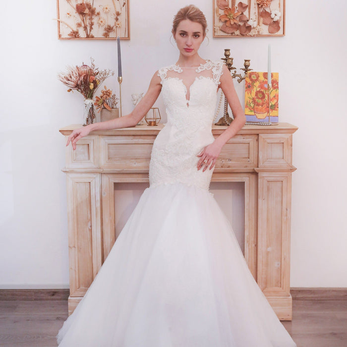Glittery Cap Sleeve Trumpet Wedding Dress with Beaded Illusion Back - Rosymae