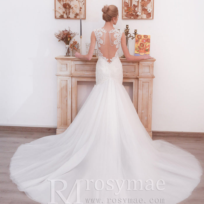 Glittery Cap Sleeve Trumpet Wedding Dress with Beaded Illusion Back - Rosymae