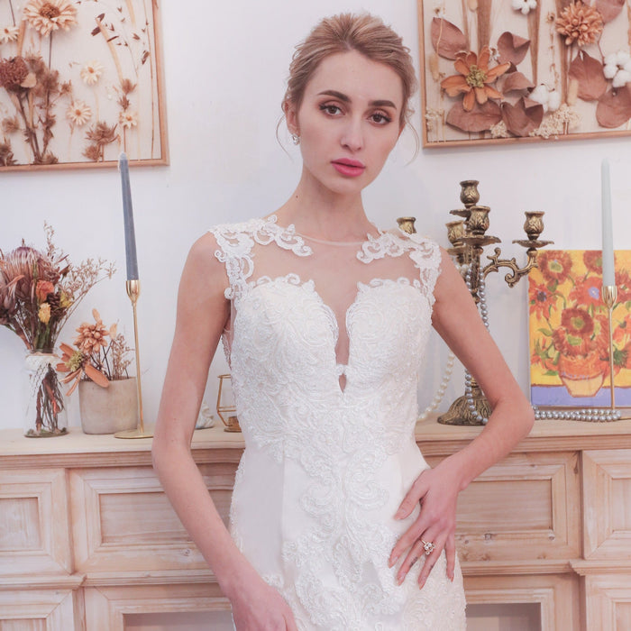 Glittery Cap Sleeve Trumpet Wedding Dress with Beaded Illusion Back - Rosymae