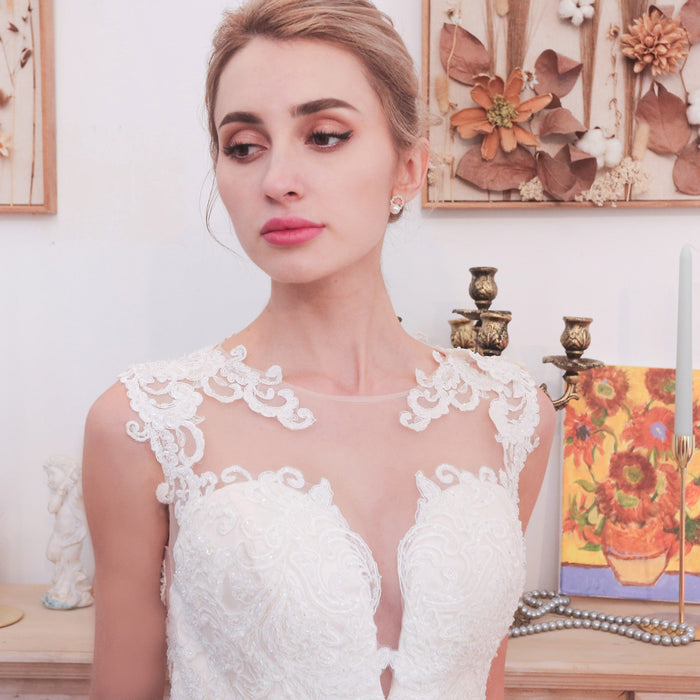 Glittery Cap Sleeve Trumpet Wedding Dress with Beaded Illusion Back - Rosymae