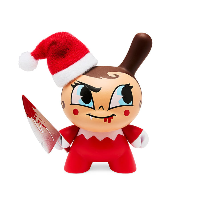 Red evil elf Dunny figure from Kidrobot's Holiday Dunny Nice & Evil Edition set, 3 inches tall, featuring festive holiday design.