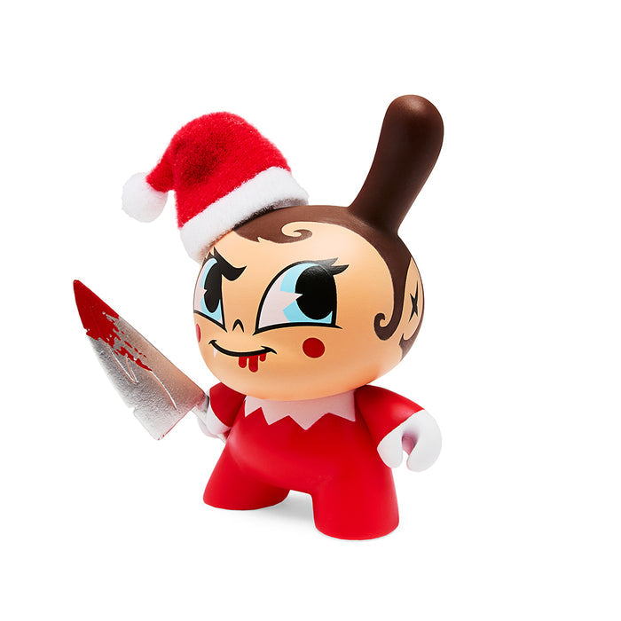 Kidrobot Holiday Dunny set featuring 3-inch Nice and Evil Elf figures in festive holiday-themed designs.