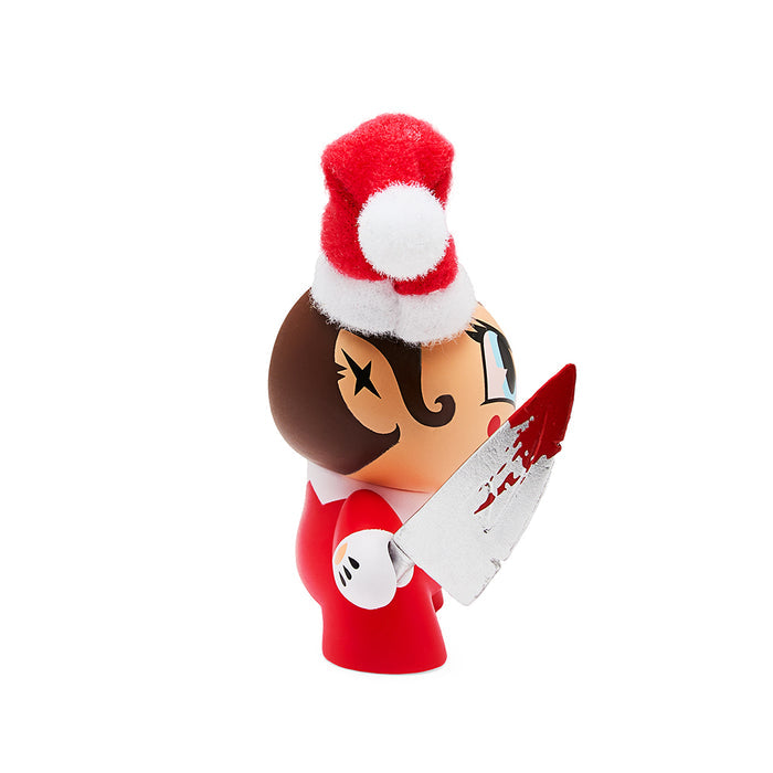 Three-inch Kidrobot Holiday Dunny set featuring colorful elf figures, including a cheerful and mischievous red evil elf design.