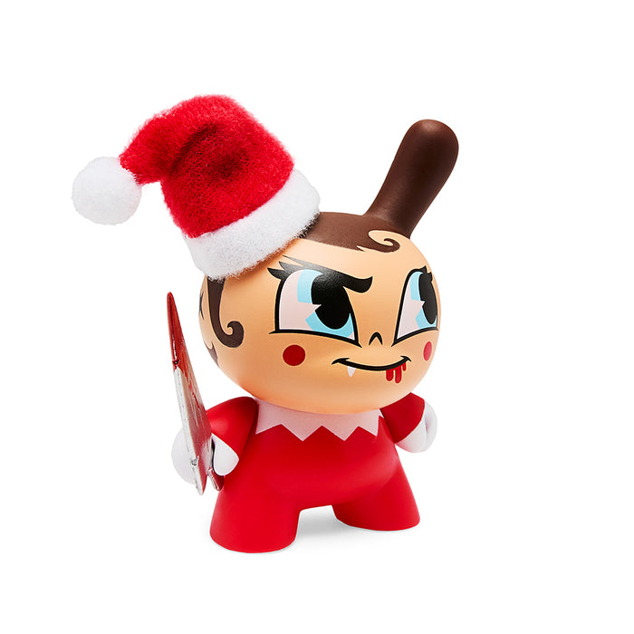 Three-inch Kidrobot Holiday Dunny set featuring an elf-themed Nice & Evil edition with festive red and green designs.