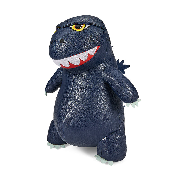 Blue metallic 13-inch Godzilla plush toy made of premium vegan leather, featuring detailed design and soft texture.