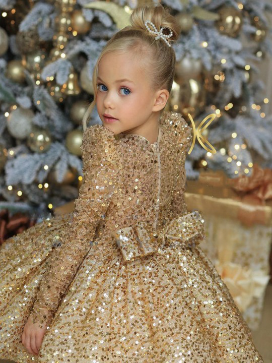 Gold Long Sleeve Mini Special Occasion Dress Mia Belle Girls
