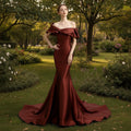 Gorgeous Plum Satin Mermaid Prom Dress with Off Sleeve - Rosymae