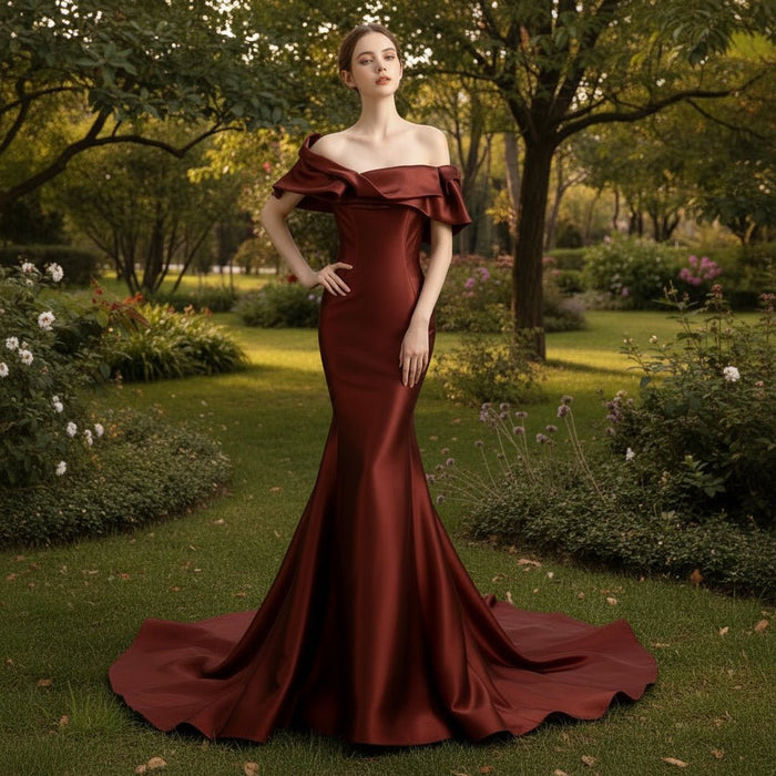 Gorgeous Plum Satin Mermaid Prom Dress with Off Sleeve - Rosymae