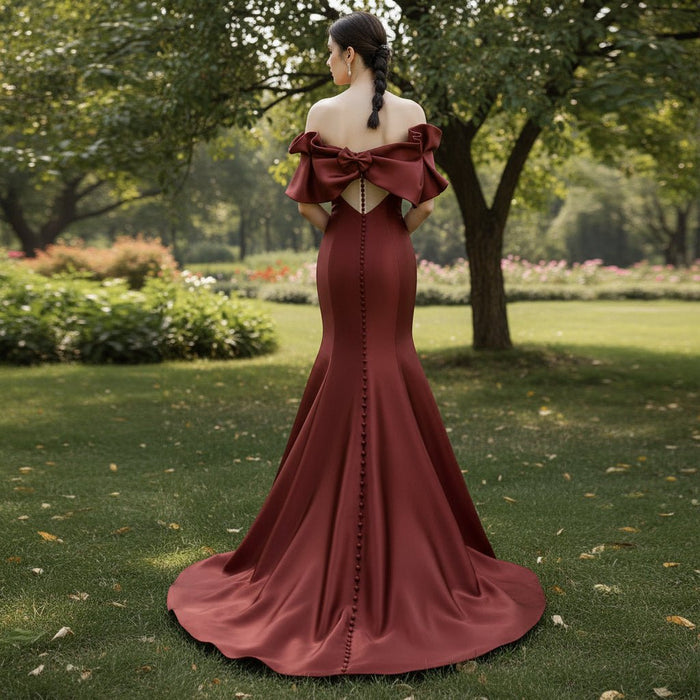 Gorgeous Plum Satin Mermaid Prom Dress with Off Sleeve - Rosymae