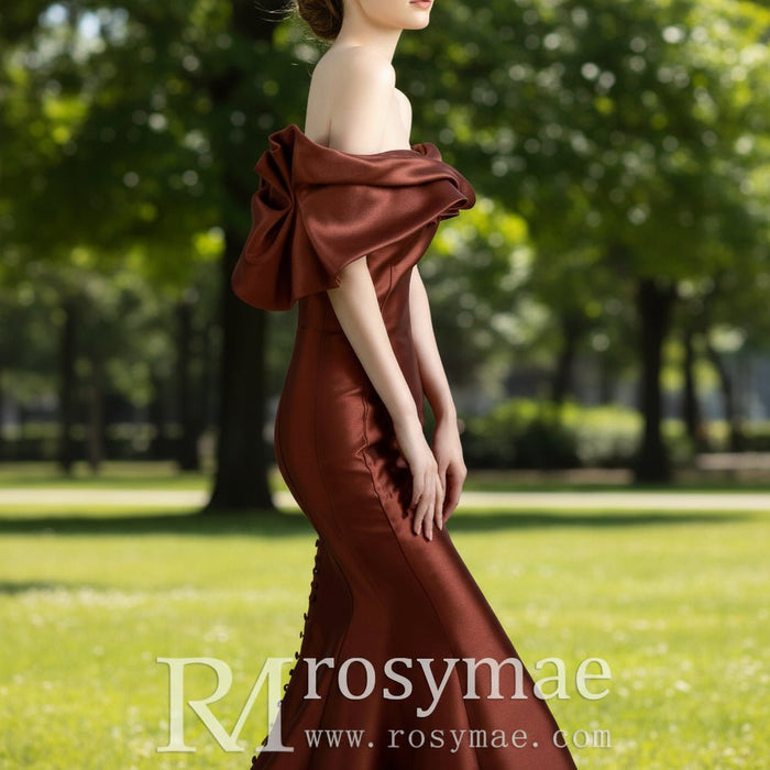 Gorgeous Plum Satin Mermaid Prom Dress with Off Sleeve - Rosymae