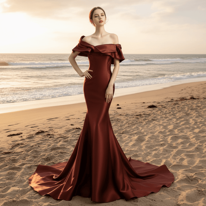 Gorgeous Plum Satin Mermaid Prom Dress with Off Sleeve - Rosymae