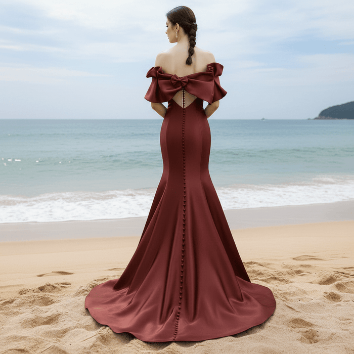 Gorgeous Plum Satin Mermaid Prom Dress with Off Sleeve - Rosymae