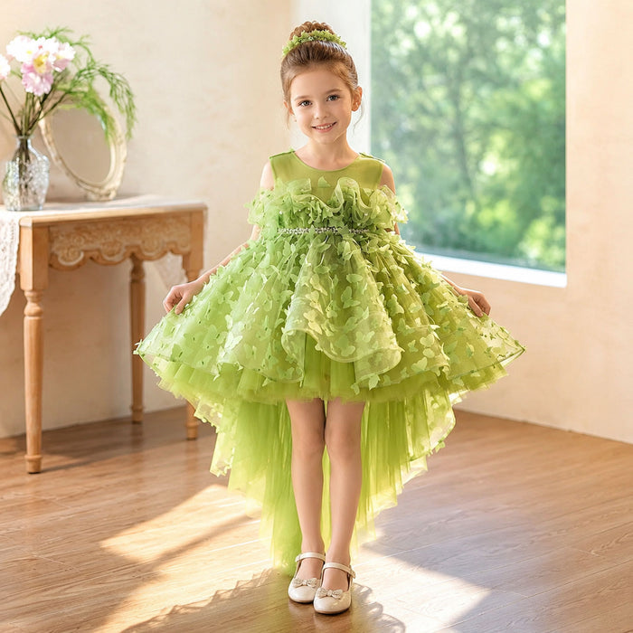 Green 3D Butterfly High-Low Tulle Flower Girl Dress J430C