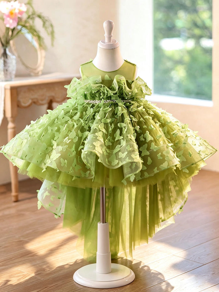 Green 3D Butterfly High-Low Tulle Flower Girl Dress J430C