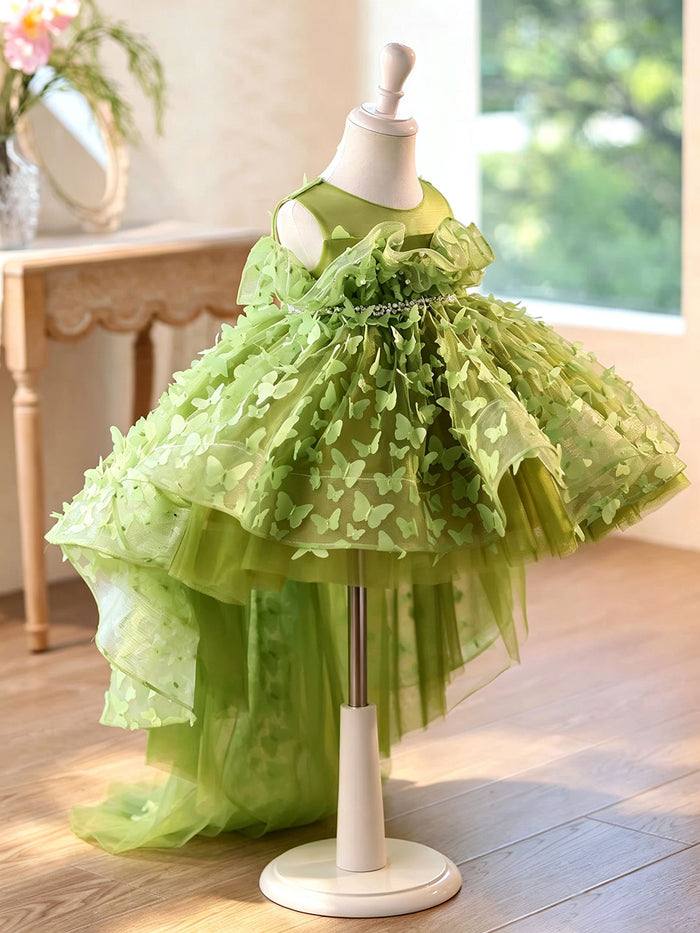 Green 3D Butterfly High-Low Tulle Flower Girl Dress J430C