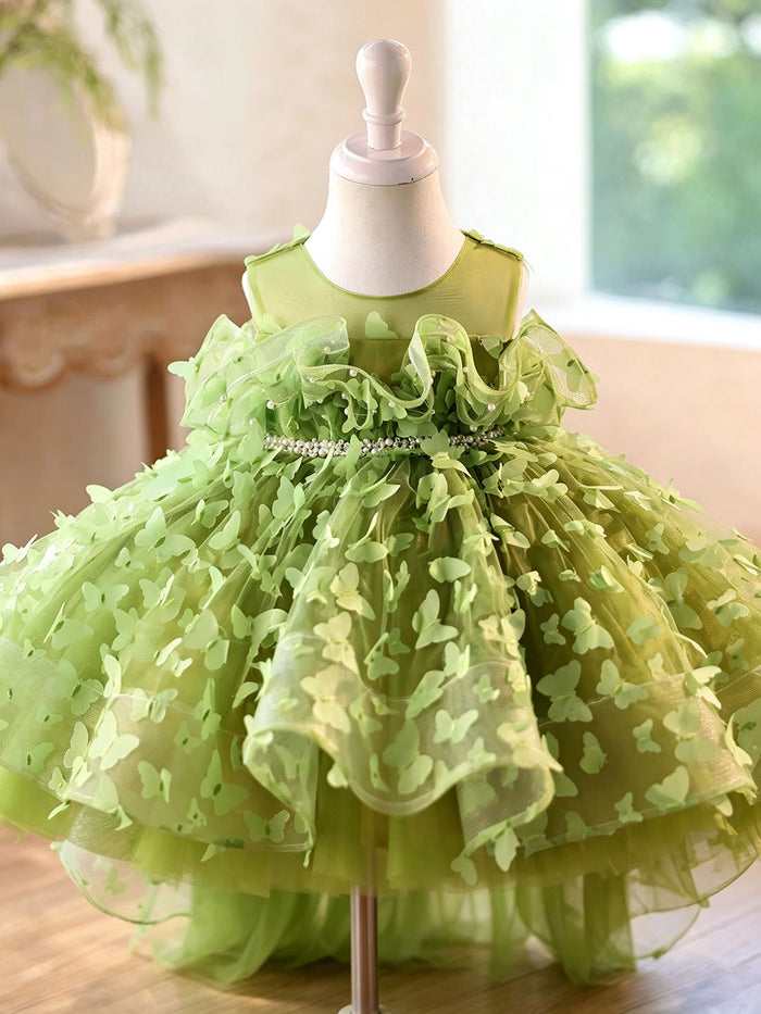 Green 3D Butterfly High-Low Tulle Flower Girl Dress J430C