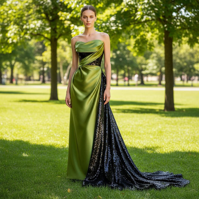 Green and Black Evening Dress Party Gown with Black Bowknot - Rosymae