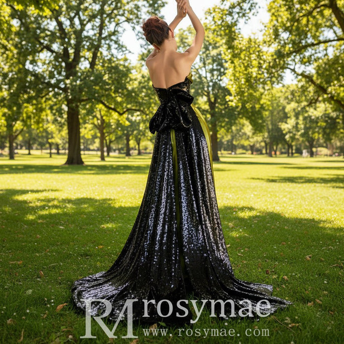 Green and Black Evening Dress Party Gown with Black Bowknot - Rosymae