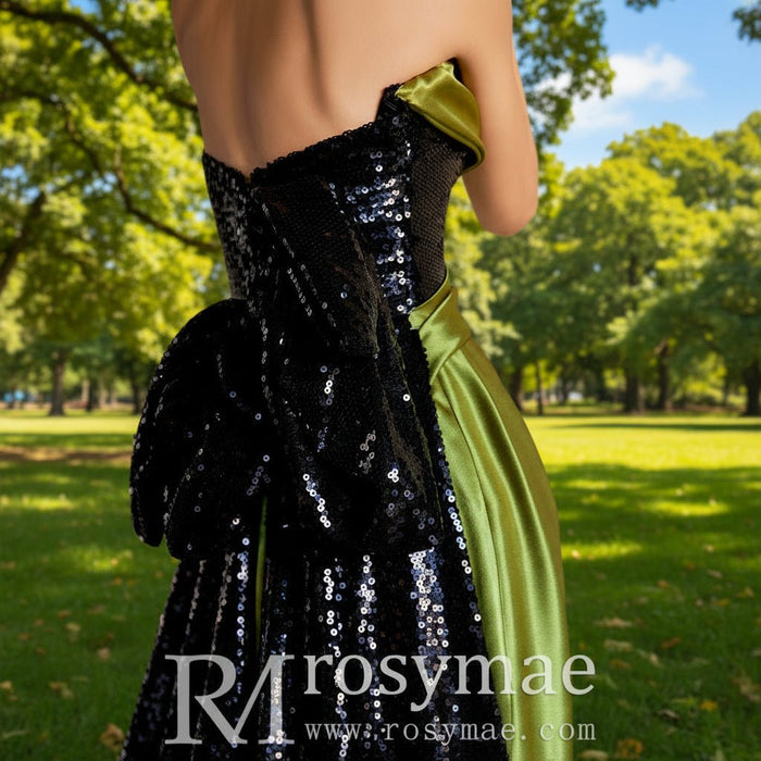 Green and Black Evening Dress Party Gown with Black Bowknot - Rosymae