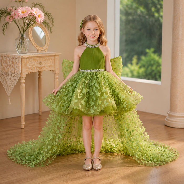 Green Halter Butterfly Tulle Flower Girl Dress with Long Train J430B
