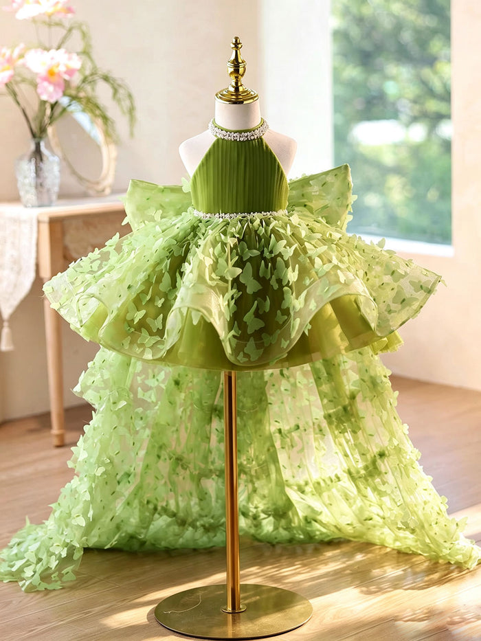 Green Halter Butterfly Tulle Flower Girl Dress with Long Train J430B