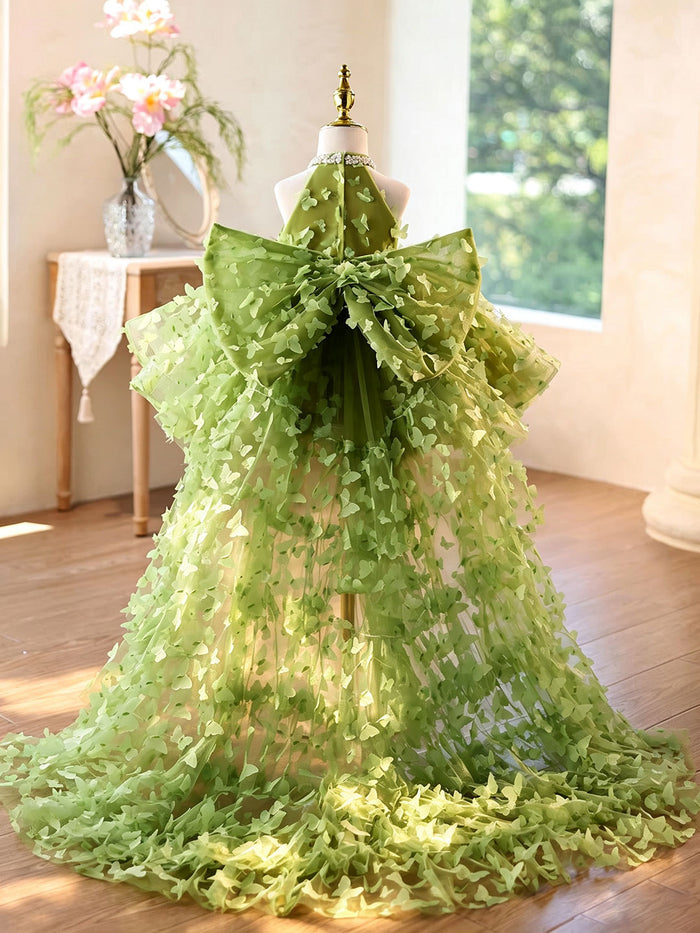 Green Halter Butterfly Tulle Flower Girl Dress with Long Train J430B