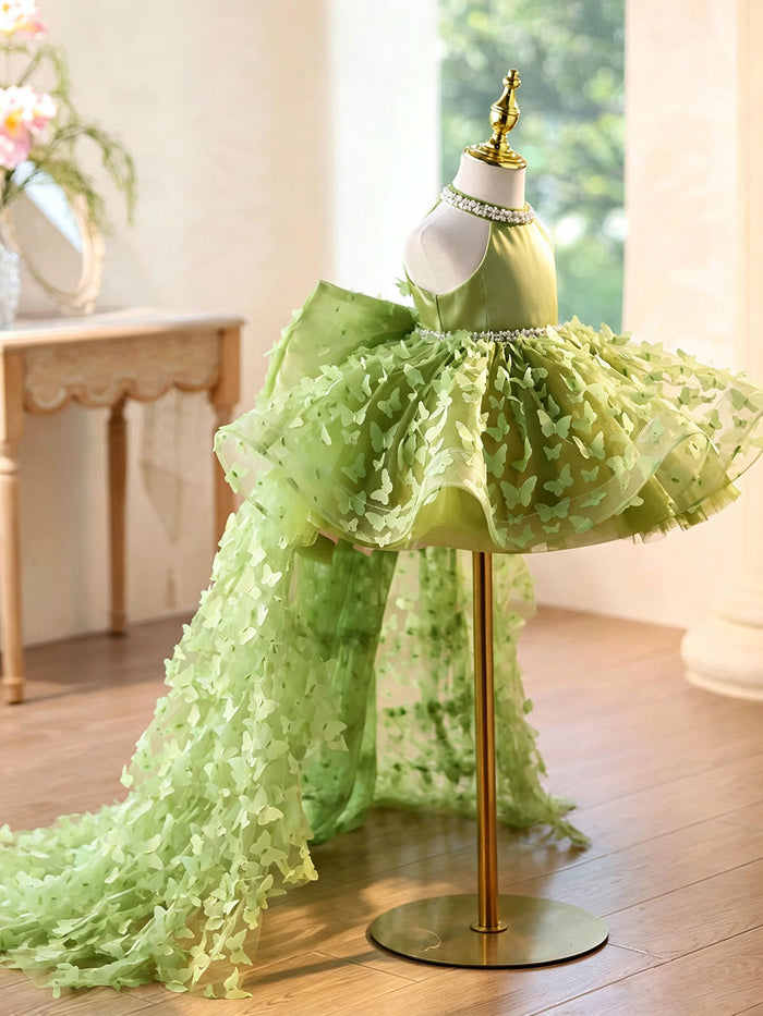 Green Halter Butterfly Tulle Flower Girl Dress with Long Train J430B