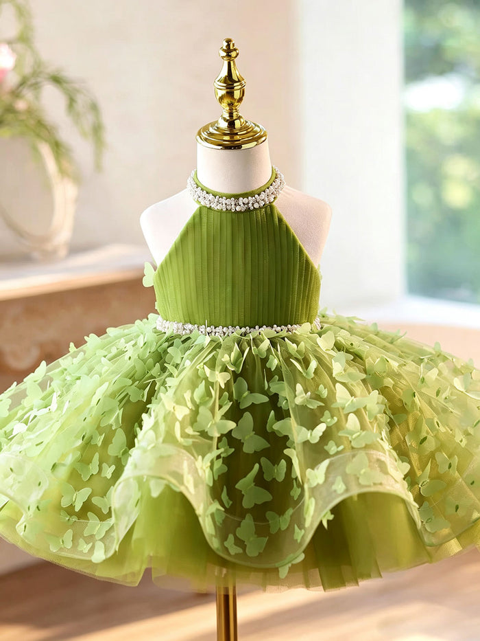Green Halter Butterfly Tulle Flower Girl Dress with Long Train J430B