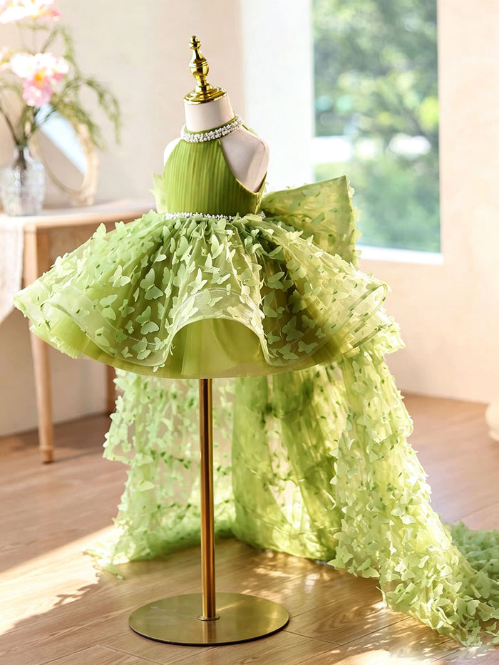 Green Halter Butterfly Tulle Flower Girl Dress with Long Train J430B