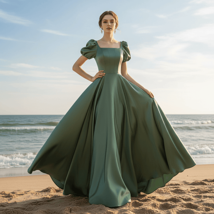 Green Junior & Senior Prom Gowns with Short Sleeves - Rosymae