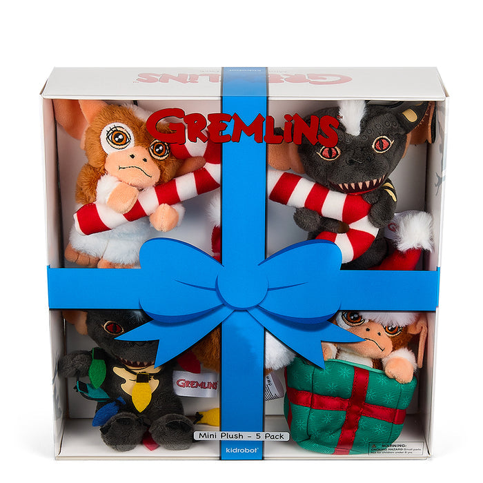 Set of five Gremlins 3-inch plush holiday ornaments by Kidrobot, featuring colorful, soft plush characters for festive decorating.