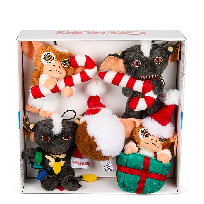 Set of five Gremlins 3-inch plush holiday ornaments by Kidrobot, featuring colorful character plush toys for festive decor.
