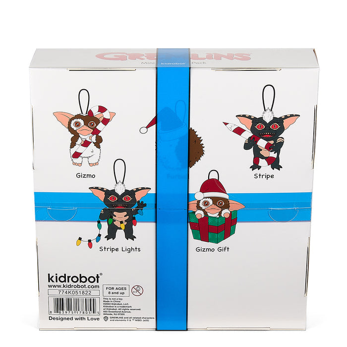 Set of five Gremlins 3-inch plush holiday ornaments by Kidrobot, featuring playful plush figures in a festive display.