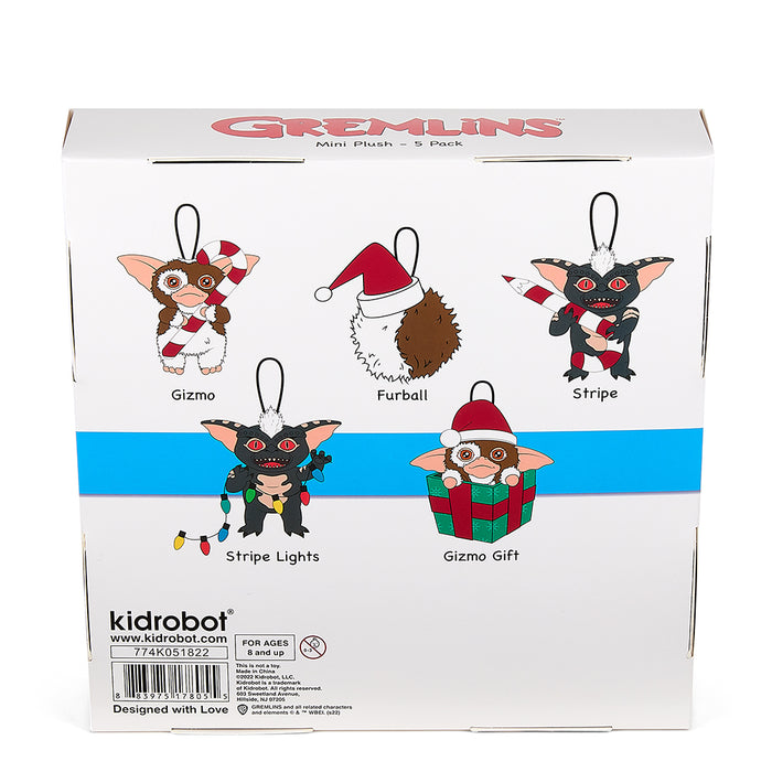 Set of five Gremlins 3-inch plush holiday ornaments by Kidrobot, featuring colorful, soft plush characters for festive decorating.
