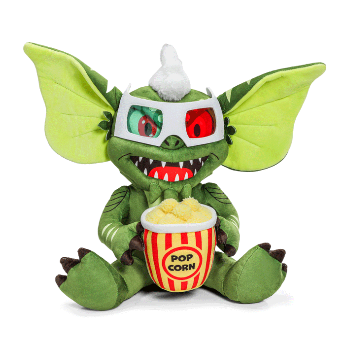 Gremlins Stripe HugMe plush with shake-action, featuring popcorn design and soft texture, 14.5-inch Gremlins character plush toy.