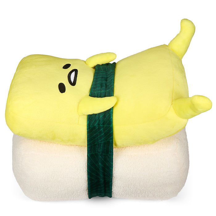 Gudetama Tamago 10-inch plush toy by Sanrio featuring a soft, yellow plush with egg yolk design and cute facial expression.
