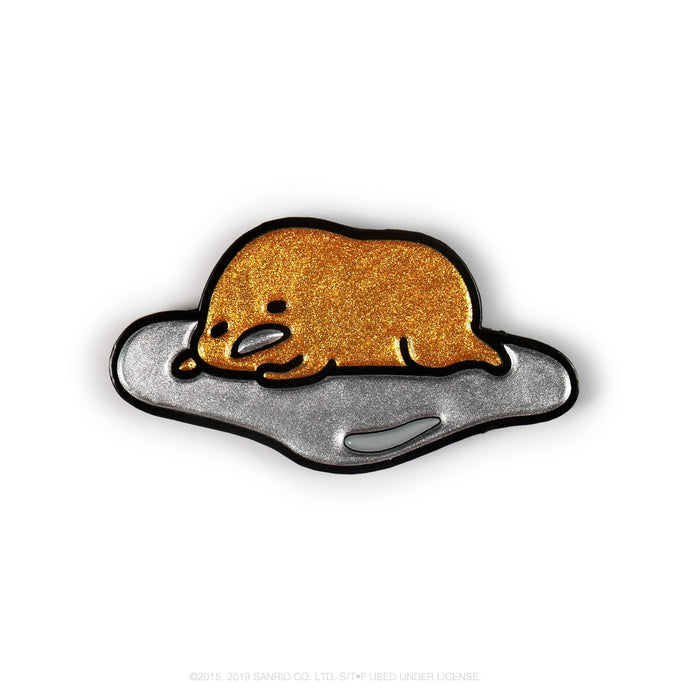 Gudetama Eggstra Lazy enamel pin from Kidrobot x Sanrio series, featuring a cute, cartoon egg character in a blind box.