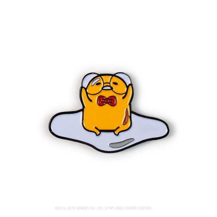 Gudetama Eggstra Lazy enamel pin from Kidrobot x Sanrio series, featuring a cute, relaxed egg character on a white background.