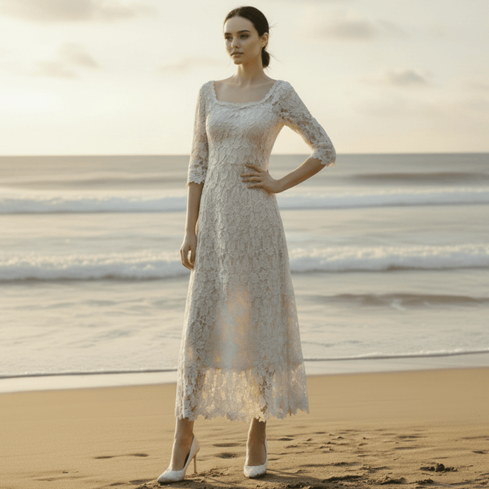 Half Sleeve Floral Lace Tea Length Wedding Dress with Square Neck - Rosymae