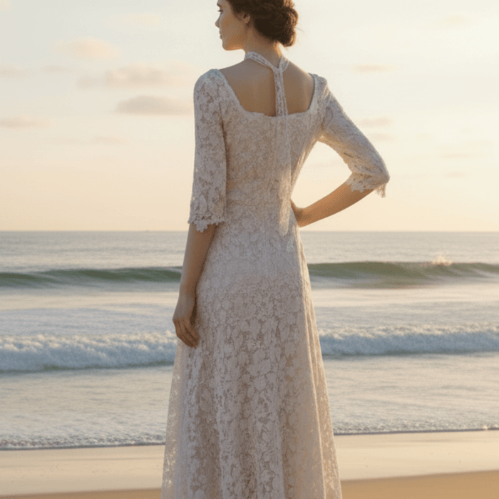 Half Sleeve Floral Lace Tea Length Wedding Dress with Square Neck - Rosymae